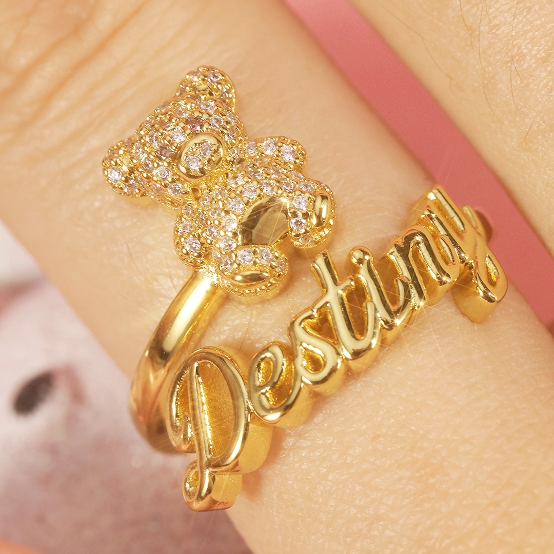 Personalized Gold Plated Bear Name Rings