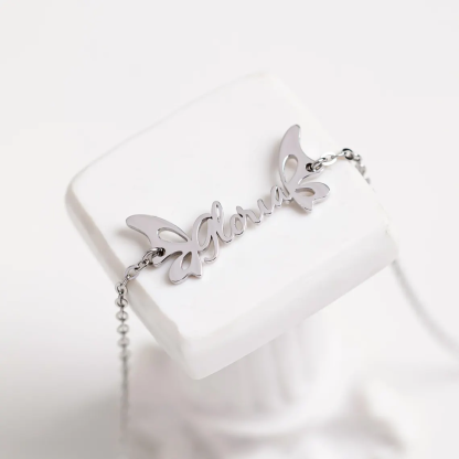Personalized Butterfly Wings Nameplate Necklace Gold Plated