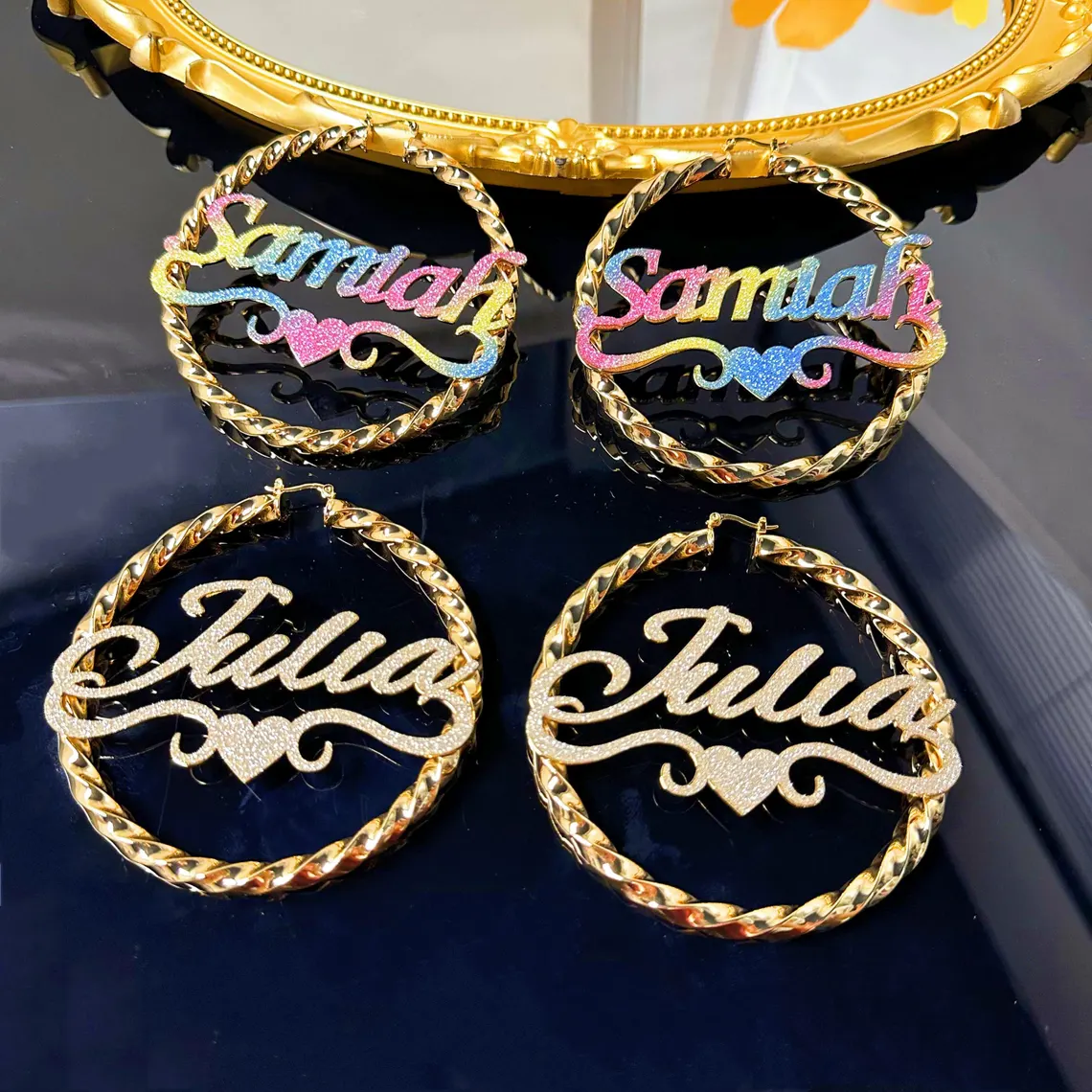 Rainbow Color Shiny Nameplate with Heart Personalized Twist Hoop Earrings