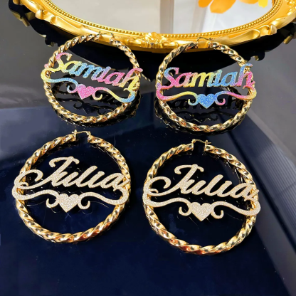 Rainbow Color Shiny Nameplate with Heart Personalized Twist Hoop Earrings