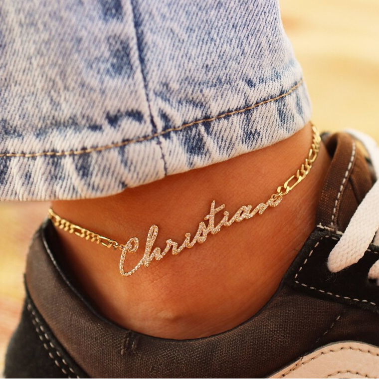 Personalized Zirconia Gold Plated Nameplate Anklet