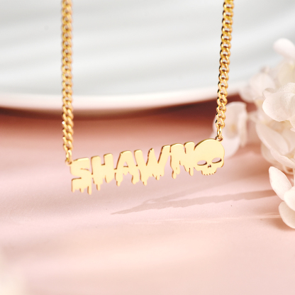 Goth Style Nameplate With Skull Personalized Custom Name Necklace Cute Halloween Jewelry