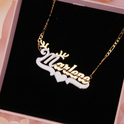 Double Layer Two Tone Personalized Antlers And Heart Name Necklace