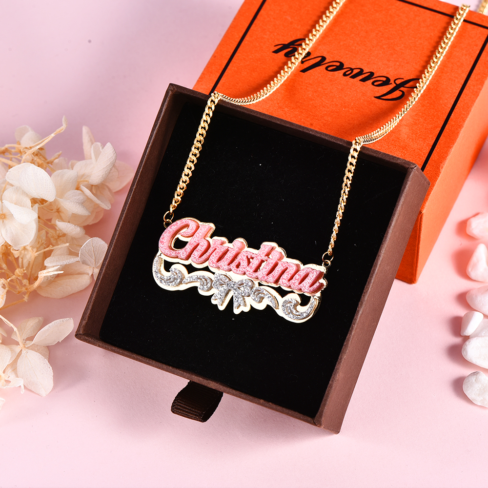 Girls Bowknot Pink Acrylic Personalized Name Necklace with Heart