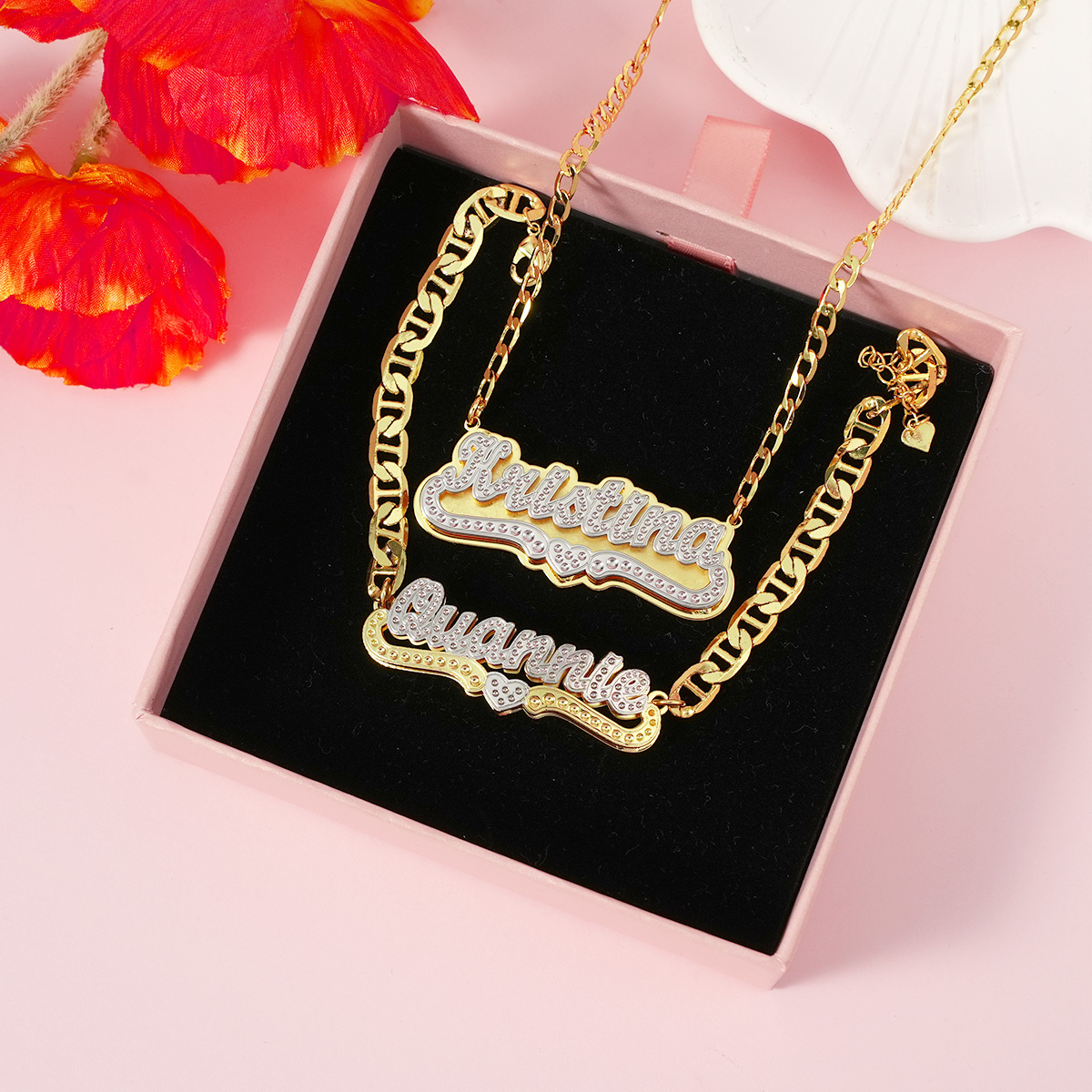 Double Layer Two Tone With Heart Personalized Custom Gold Plated Name Necklace Bracelet Set