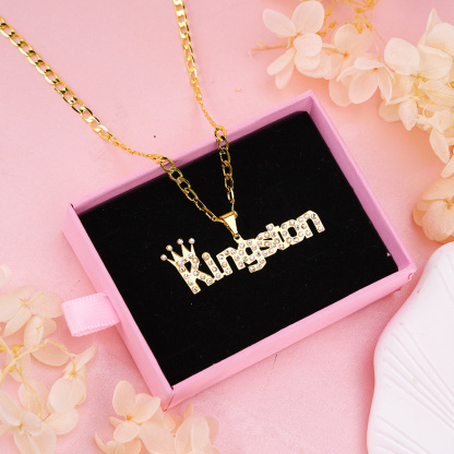Inlaid Zircon Capital Letter Nameplate with Crown Pendant Personalized Custom Gold Plated Name Naecklace
