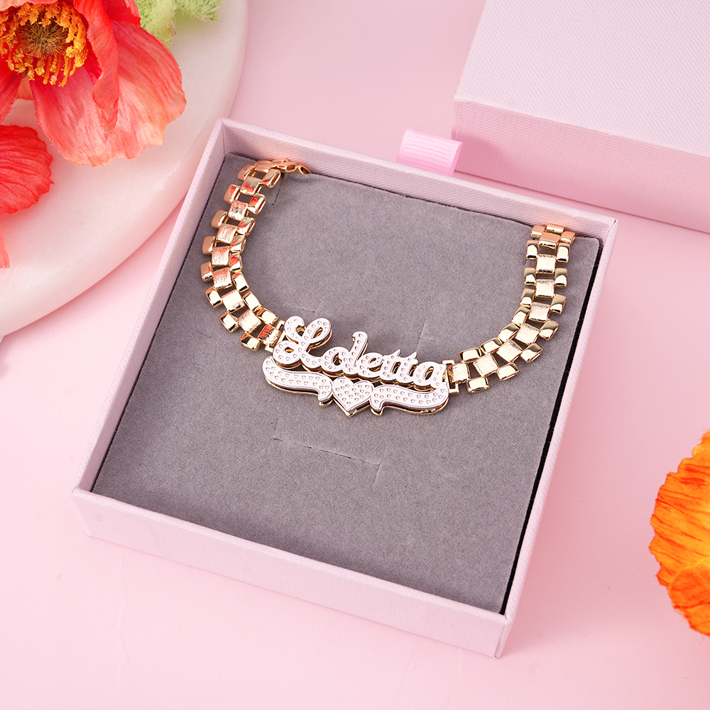 Watch Band Style Rolex Link Chain Double Plated Personalized Diamond Cut Name Necklace