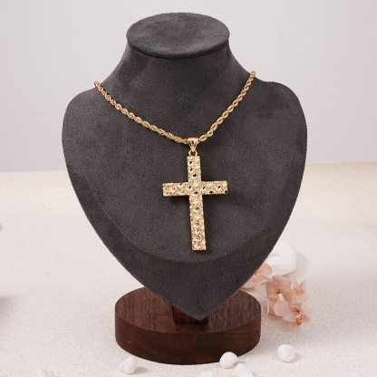 Gold Plated Nugget Cross Pendant Rope Chain Necklace
