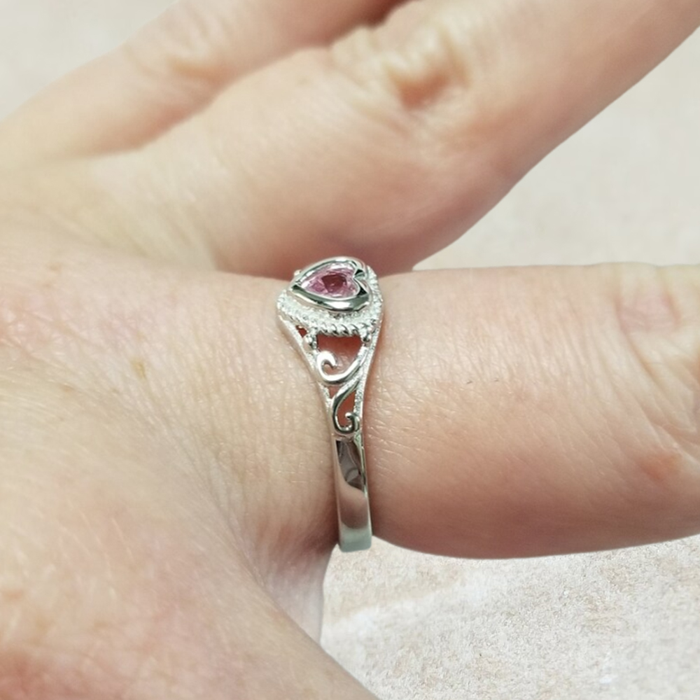 Heart Shaped Pink Stone Ring Custom Engraved Promise Ring