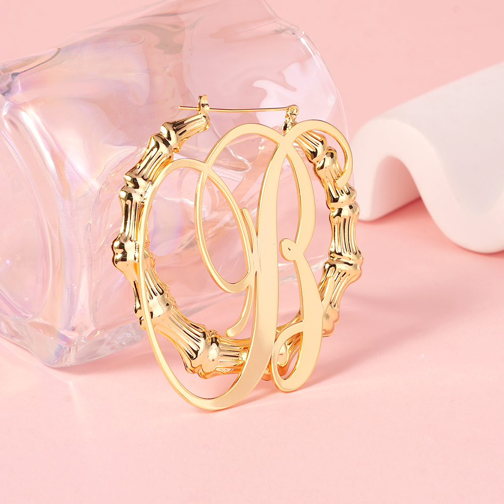Personalized Custom Gold Plated Initial A-Z Letter Bamboo Name Earrings Gift For Her