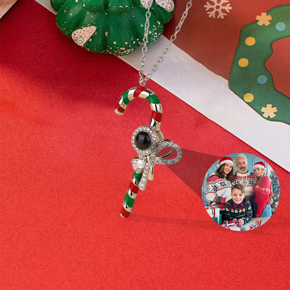 Personalized Candy Cane Pendant Necklace With Photo Inside