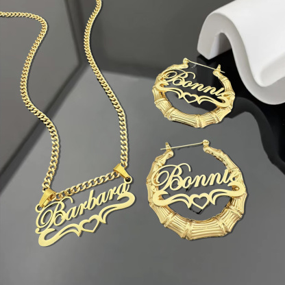 Heart Nameplate Set Personalized Name Necklace And Name Earrings