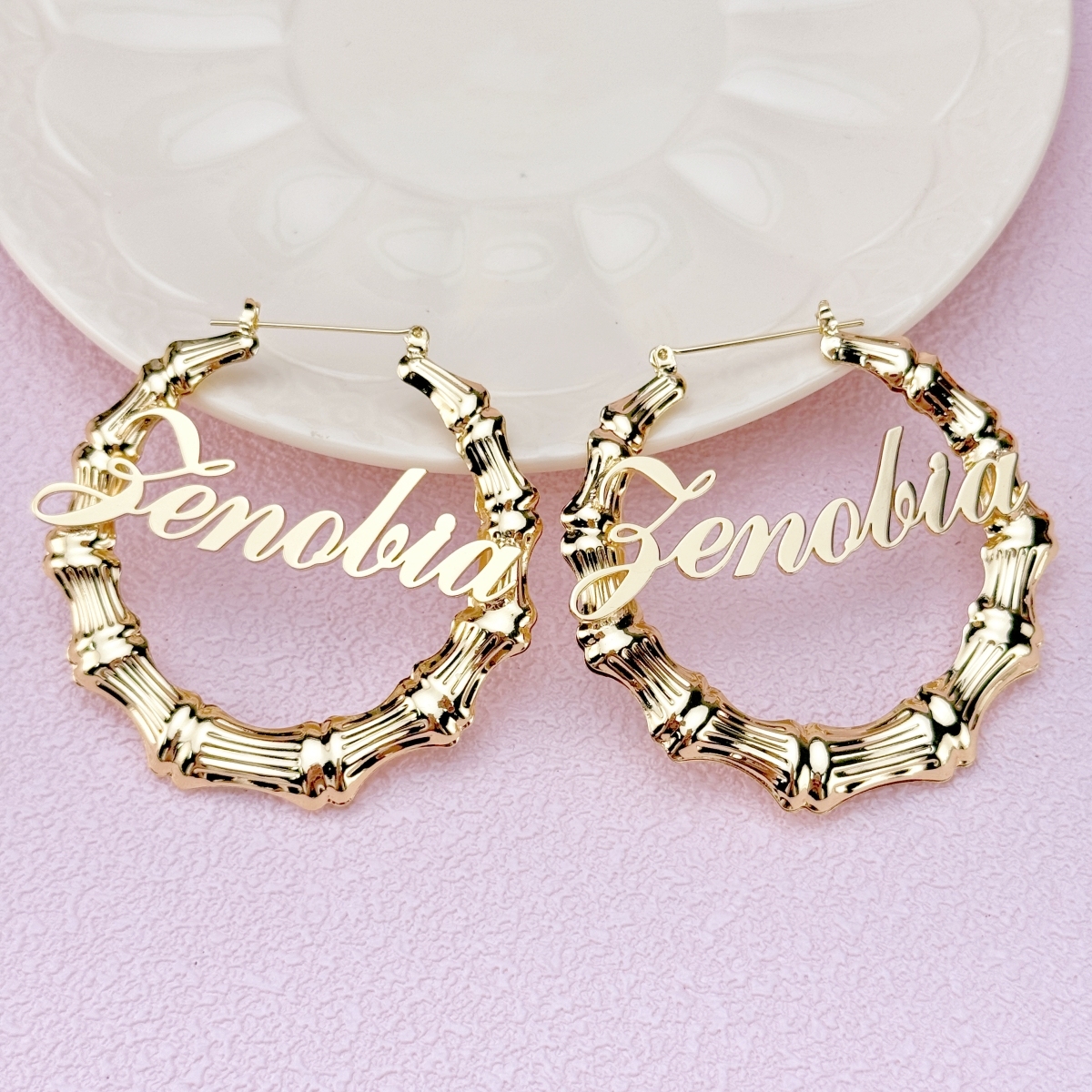 Gold Plated Personalized Custom Bamboo Hoop Name Earrings