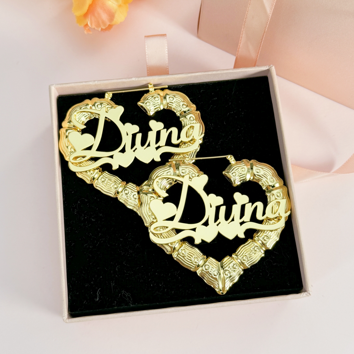 Personalized Heart Shaped Bamboo Name Earrings