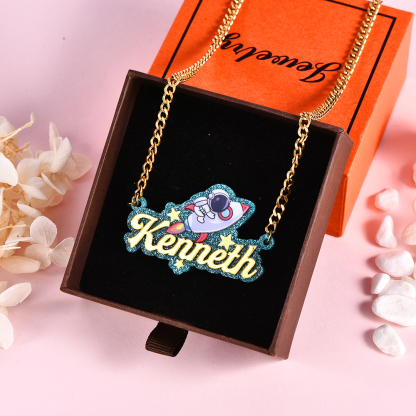 Acrylic Astronaut Rocket Pendant Personalized Name Necklace
