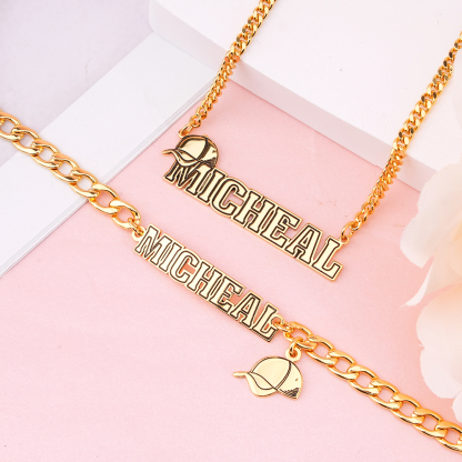 Custom Peaked Cap Name Necklace And Name Bracelet For Kids Boys Set