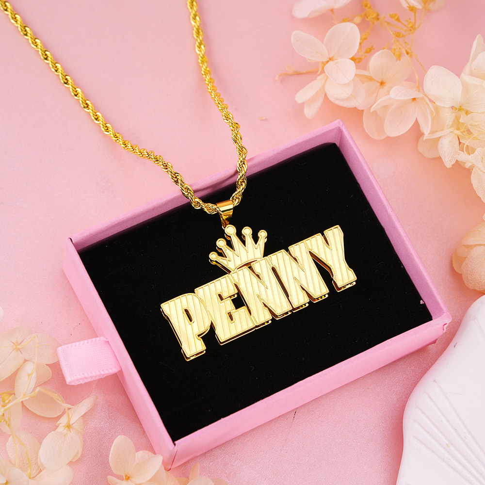 Hip Hop Double Layer Crown Nameplate Custom Gold Plated Name Necklace