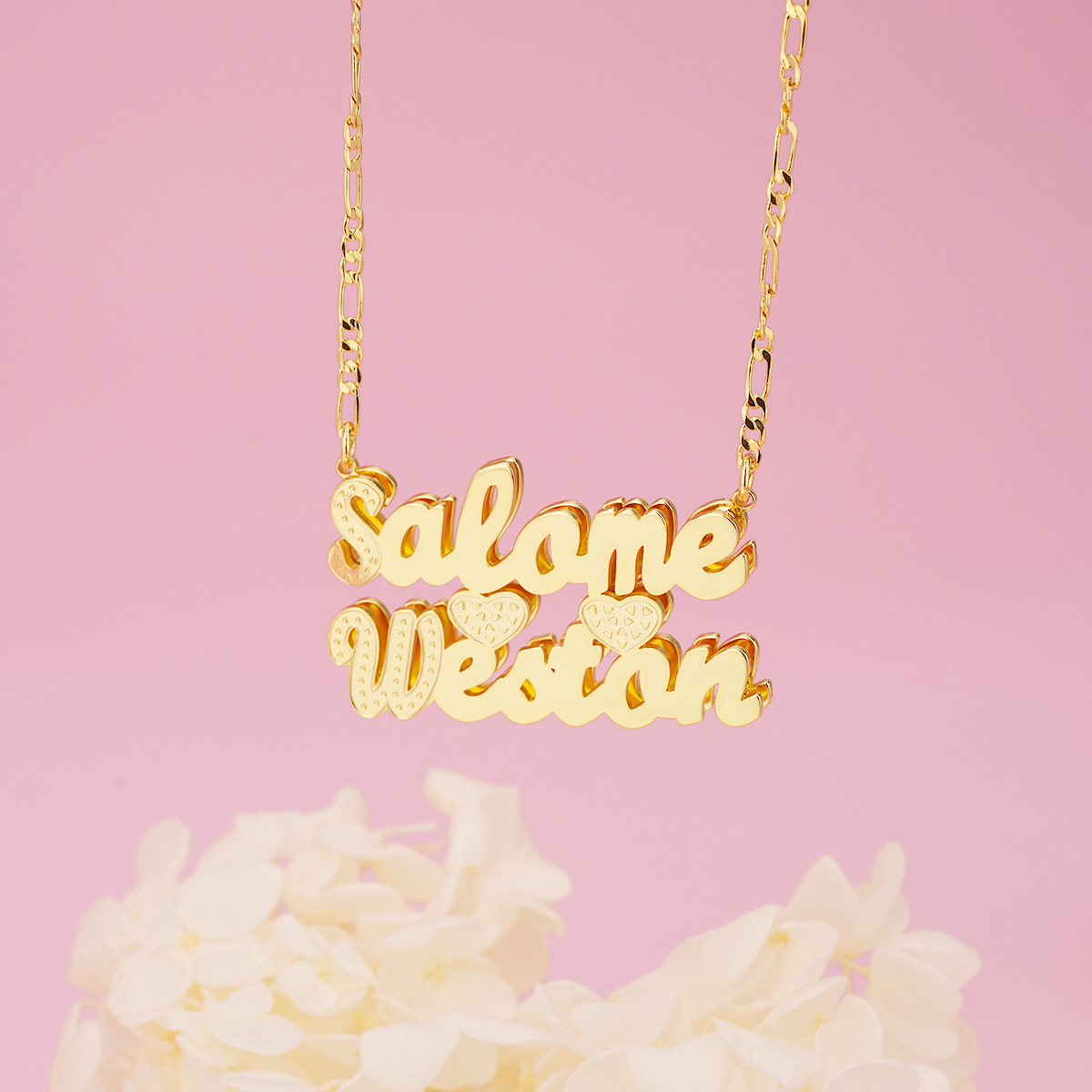 Double Layer 2 Names 2 Hearts Custom Gold Plated Couple Necklace