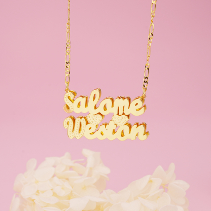 Double Layer 2 Names 2 Hearts Custom Gold Plated Couple Necklace