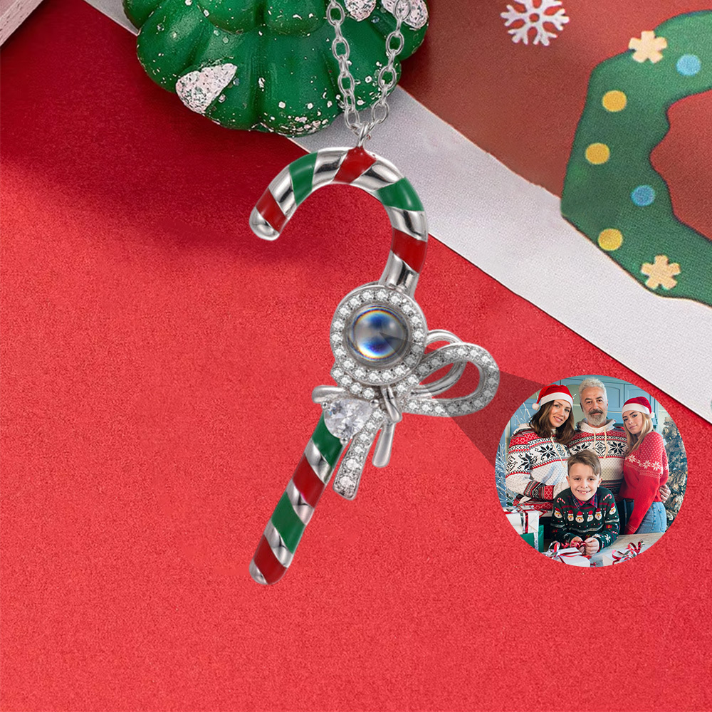 Personalized Candy Cane Pendant Necklace With Photo Inside