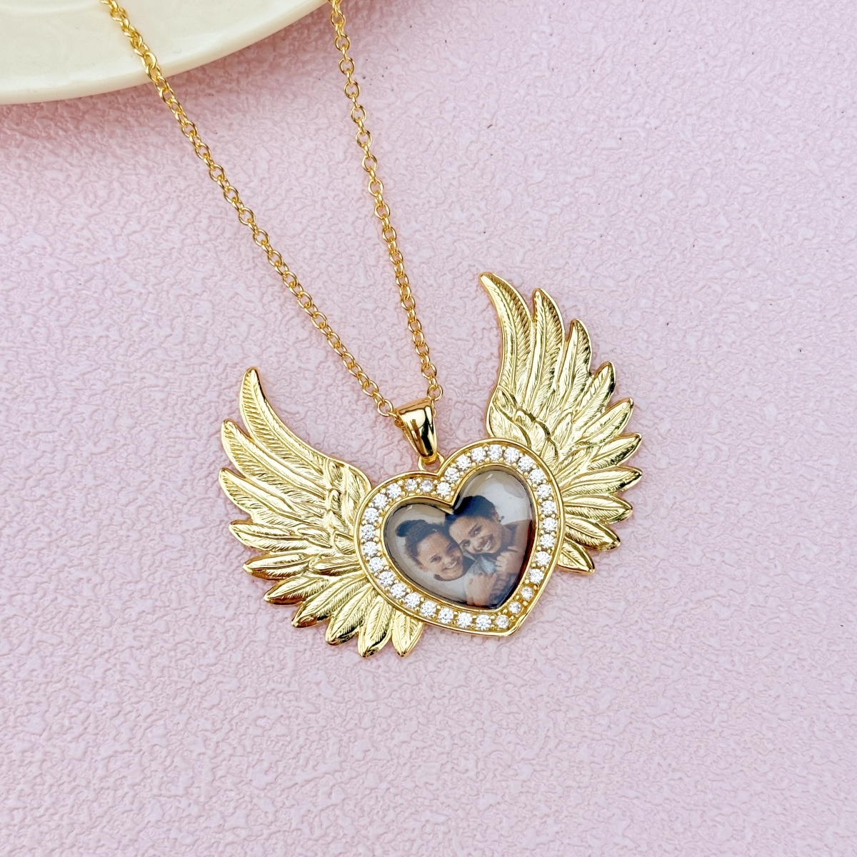 Heart Zircon Angel Wings Pendant Photo Necklace