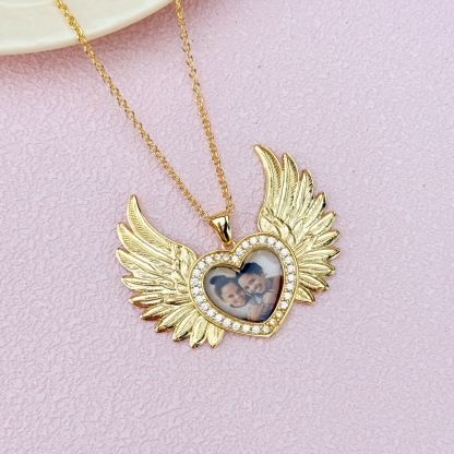 Heart Zircon Angel Wings Pendant Photo Necklace