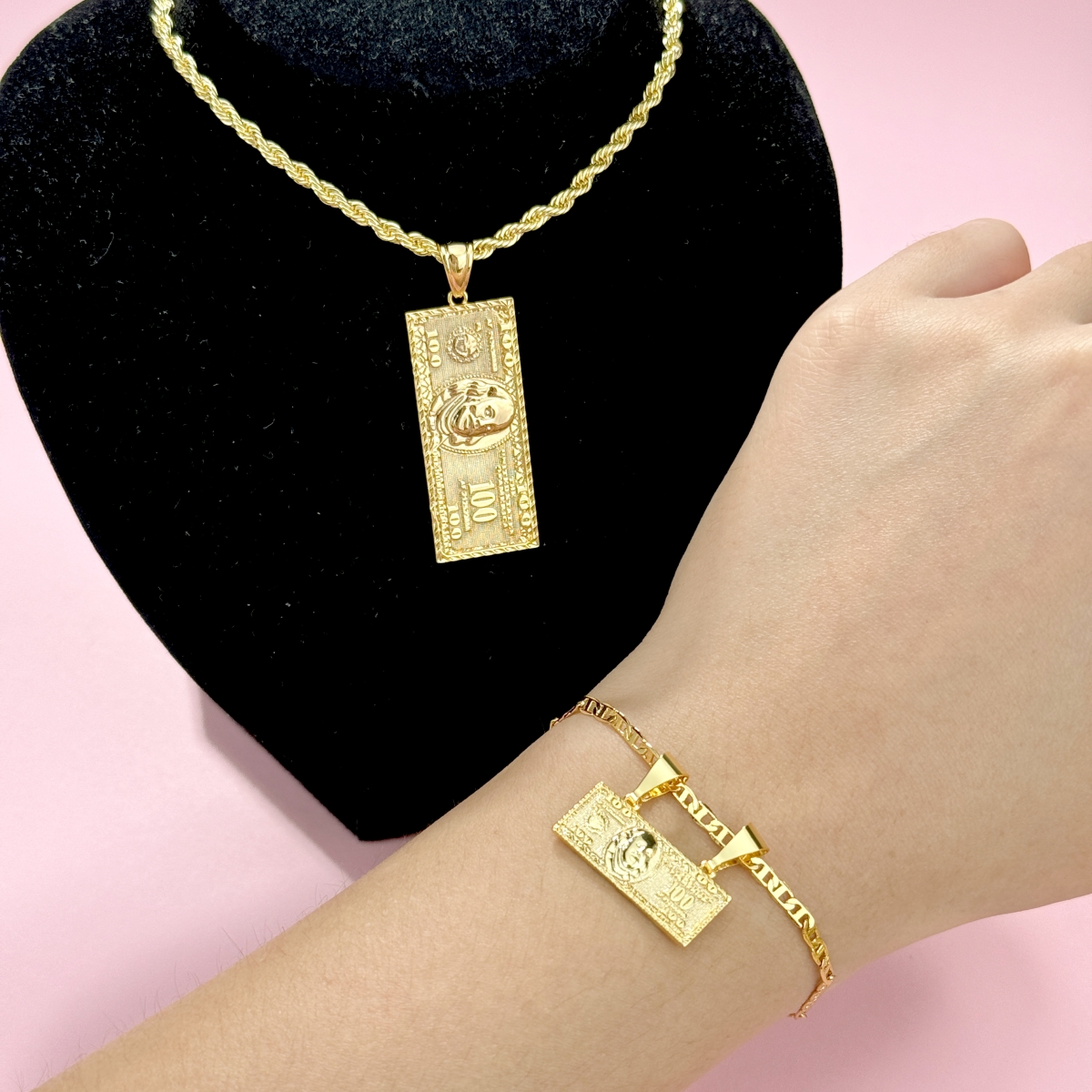 Hundred Dollar Bill Money Pendant Necklace and Bracelet Set