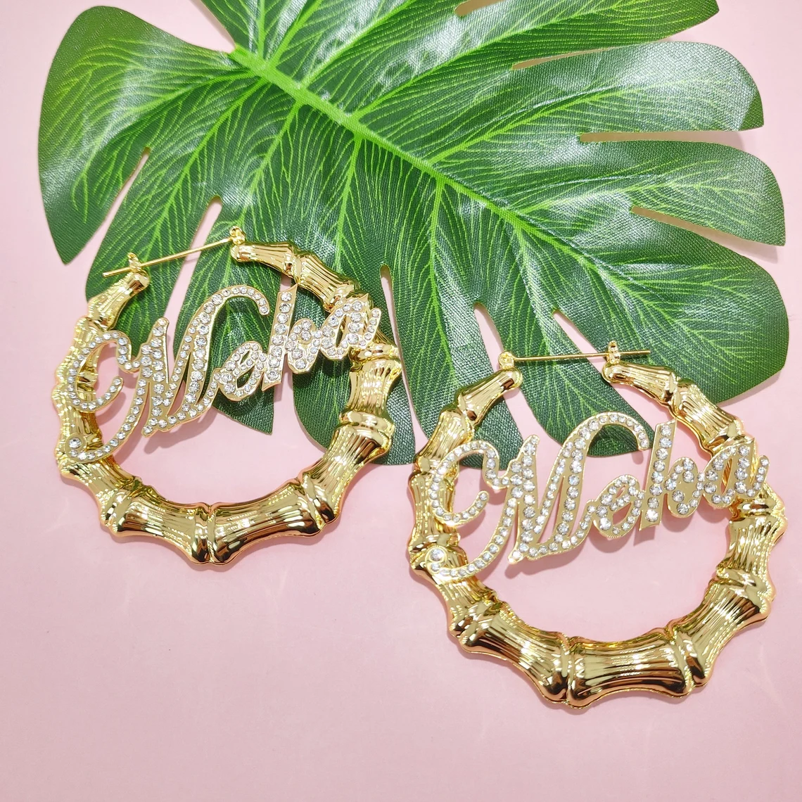 Custom Zirconia Nameplate Earrings Bamboo Earrings Gold Plated