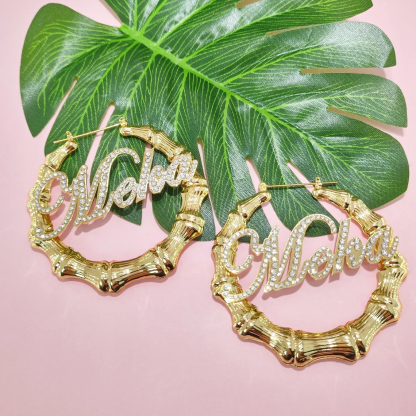 Custom Zirconia Nameplate Earrings Bamboo Earrings Gold Plated