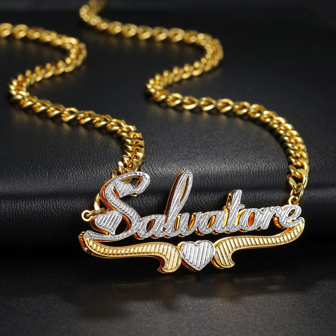 Custom Two Tone Double Plate 3D Heart Name Necklace
