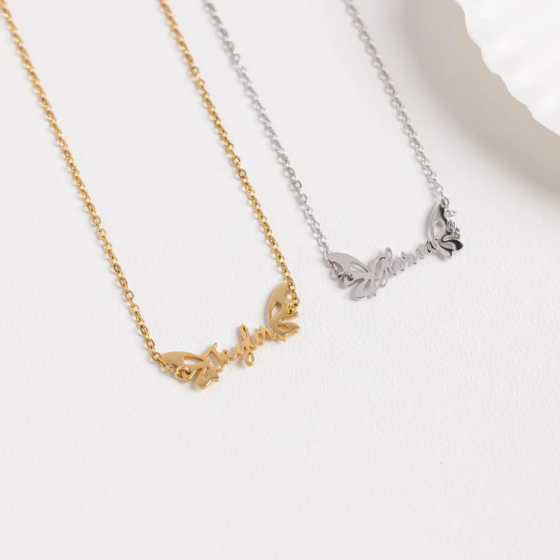 Personalized Butterfly Wings Nameplate Necklace Gold Plated