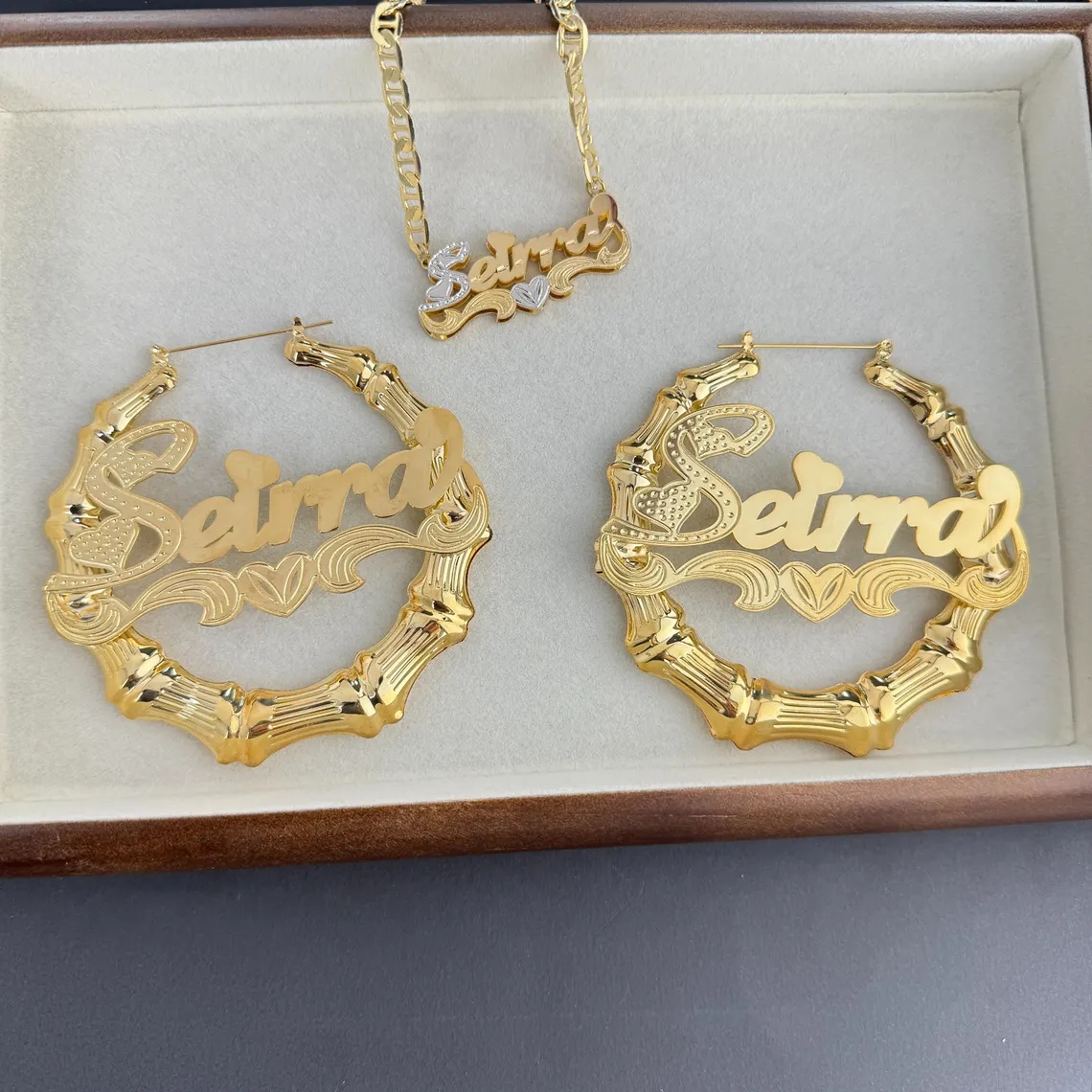 Marine Chain Heart Double Plate Name Necklace Bamboo Earrings Set