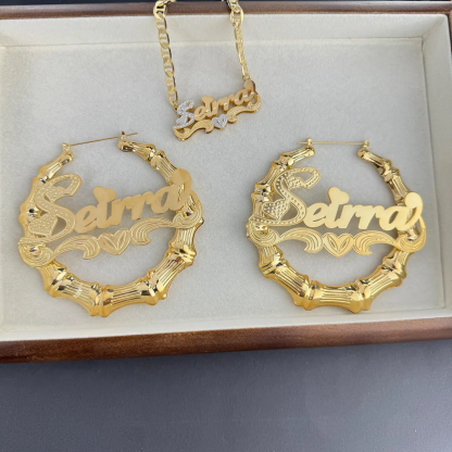 Marine Chain Heart Double Plate Name Necklace Bamboo Earrings Set