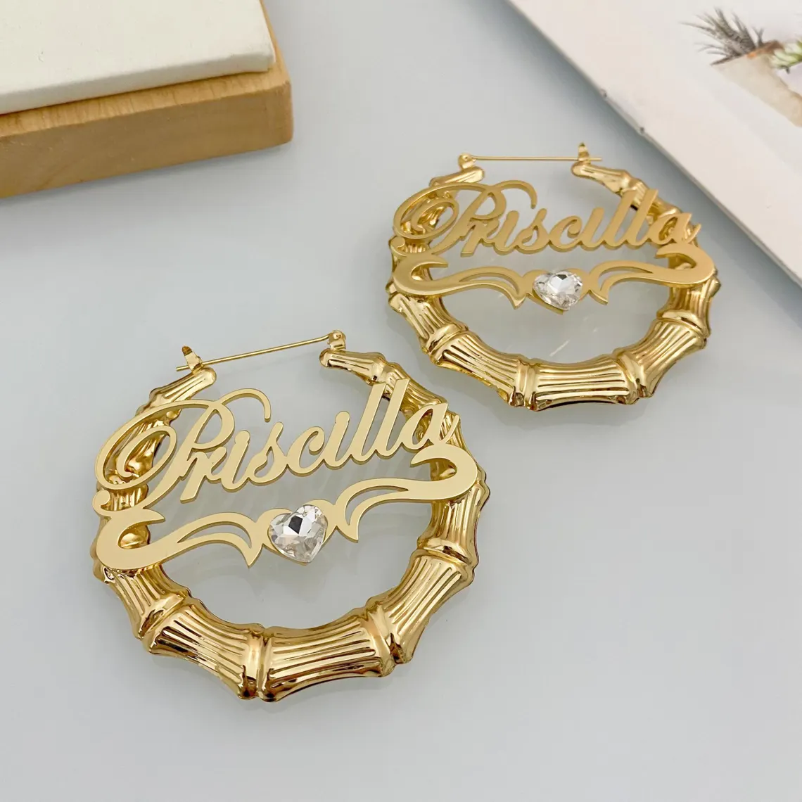 Heart Nameplate with Birthstone Custom Bamboo Earrings