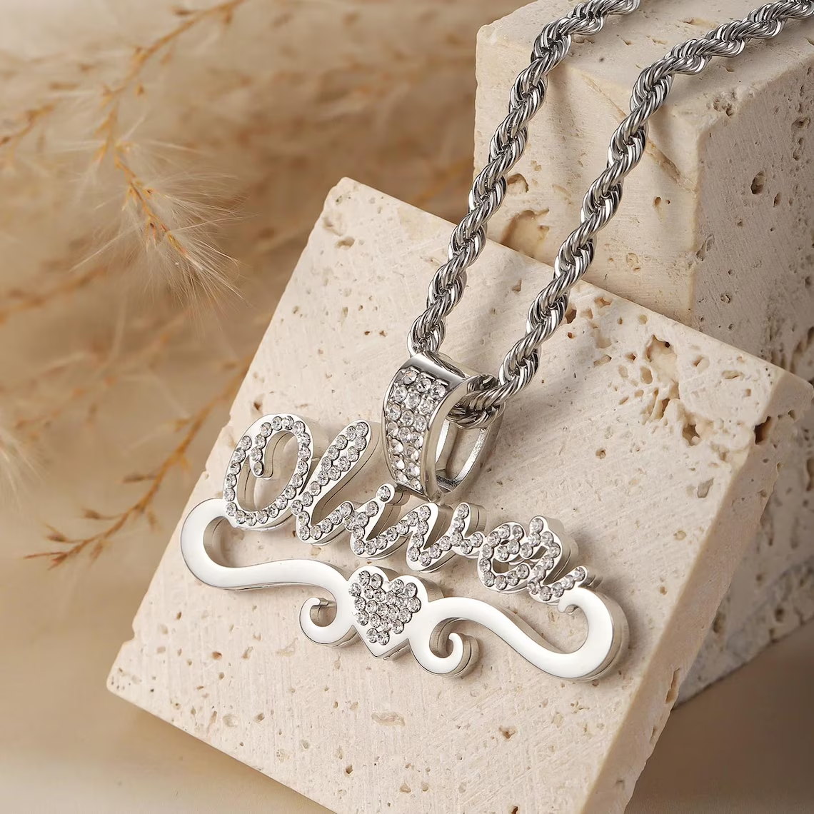 Custom Shiny Double Layer Zircon Heart Name Necklace 