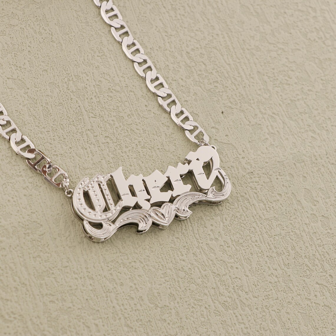 Custom Old English Double Layer Heart Name Necklace Mariner Chain