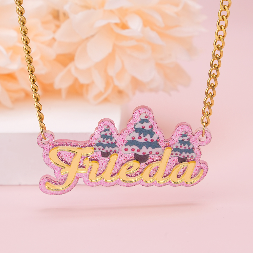 Christmas Tree Pink Acrylic Cuban Chain Custom Name Necklace 