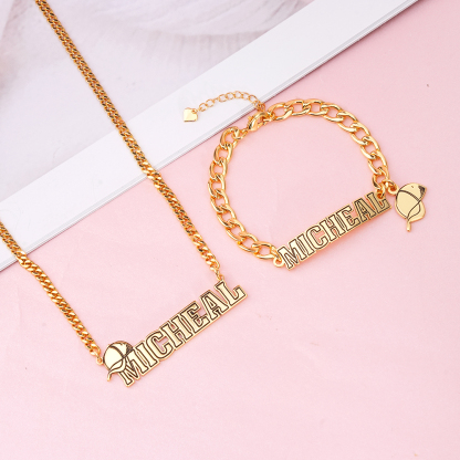 Custom Peaked Cap Name Necklace And Name Bracelet For Kids Boys Set