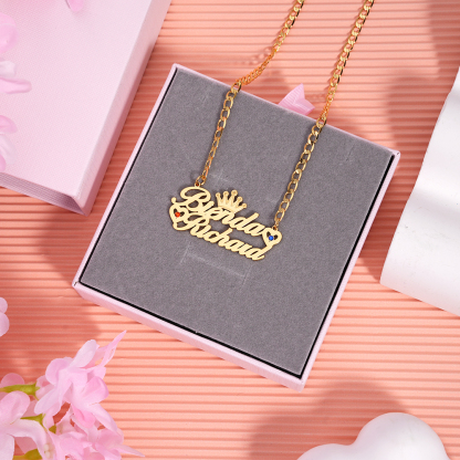 Couples Name With Crown Heart And Birthstone Personalized Custom Gold Plate Name Necklace