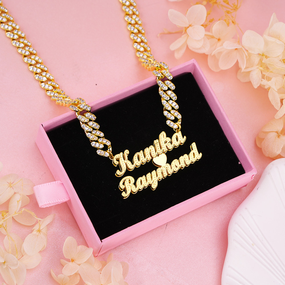 Iced Cuban Chain Two Names with Heart Custom Personalized Name Necklace Couple Gifts