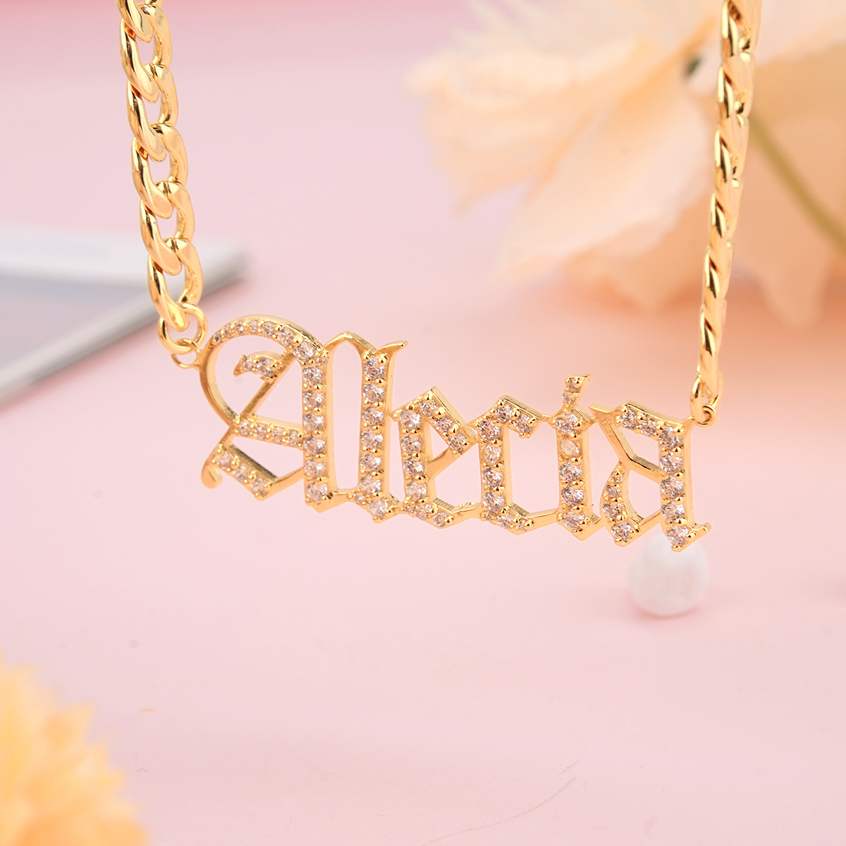Curb Chain Old English Font Custom Personalized Zircon Name Necklace
