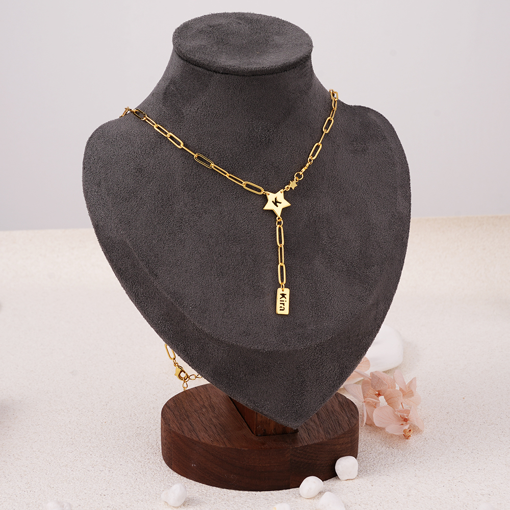 Star Cutout Letter Pendant Necklace with Tassel Collarbone Chain Personalized Name Necklace