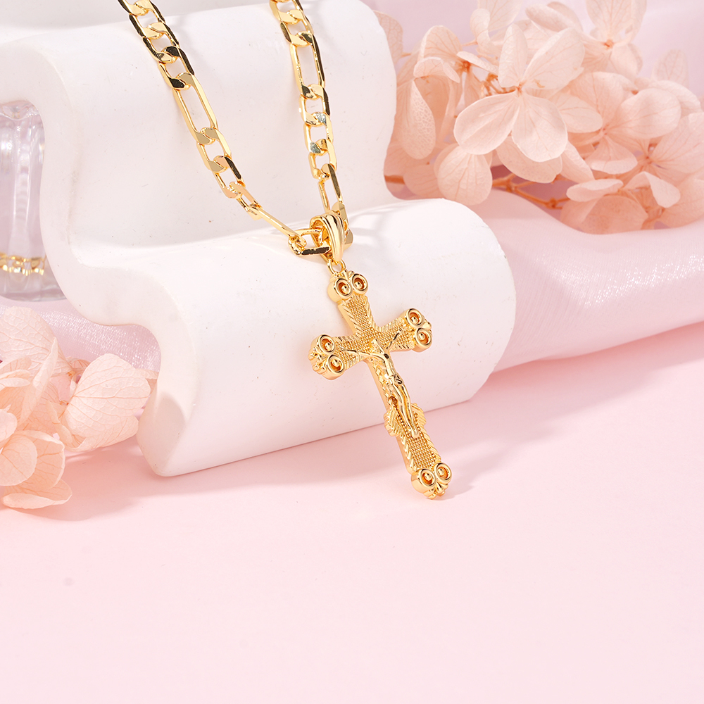 Crucifix Cross Jesus Pendant Necklace Gold Plated Figaro Chain