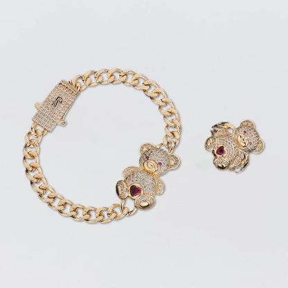 Teddy Bear Birtstone Bracelet And Ring 2pc Set