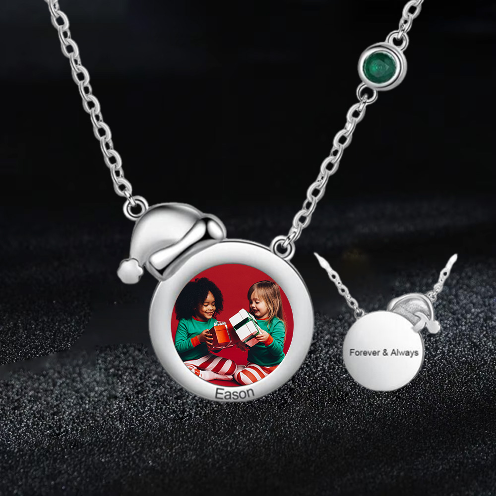 Custom Christmas Hat Pendant Photo Necklace With Birthstone