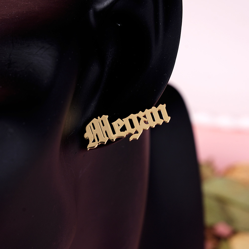 Old English Font Stud Gold Plated Personalized Name Earrings