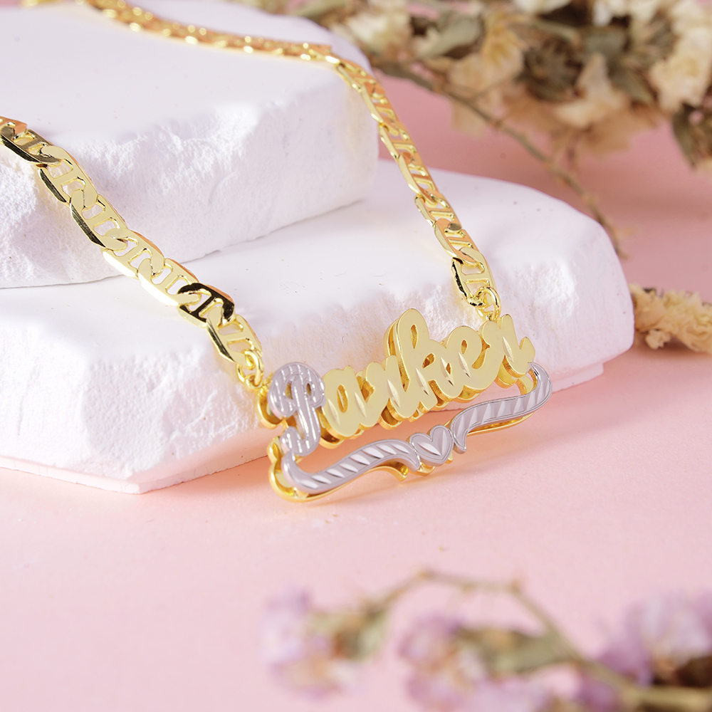 Marine Chain Personalized Double Layer Two Tone Heart Name Necklace