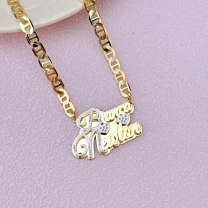 Two Hearts Two Tone Double Plate Couple Name Necklace