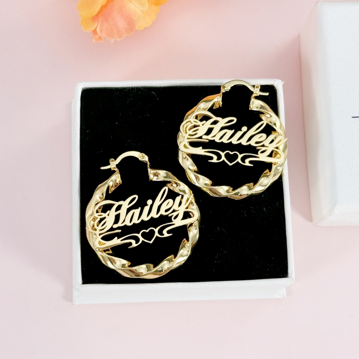 Personalised Custom Twist Hoop Earrings with Heart Nameplate Gold Plated