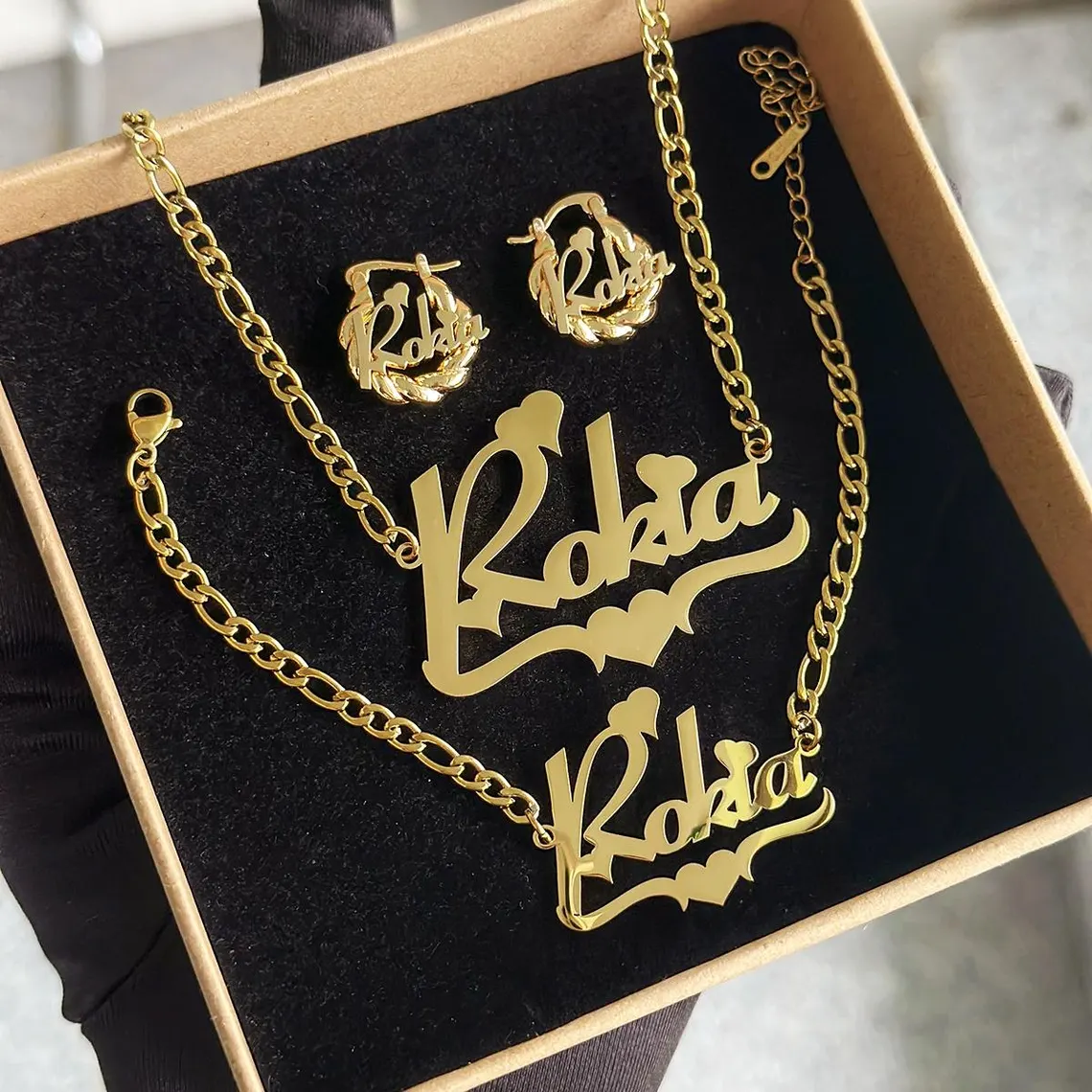 Personalized Heart Name Necklace Bracelet Twist Hoop Earrings Jewelry Set Kids Gift